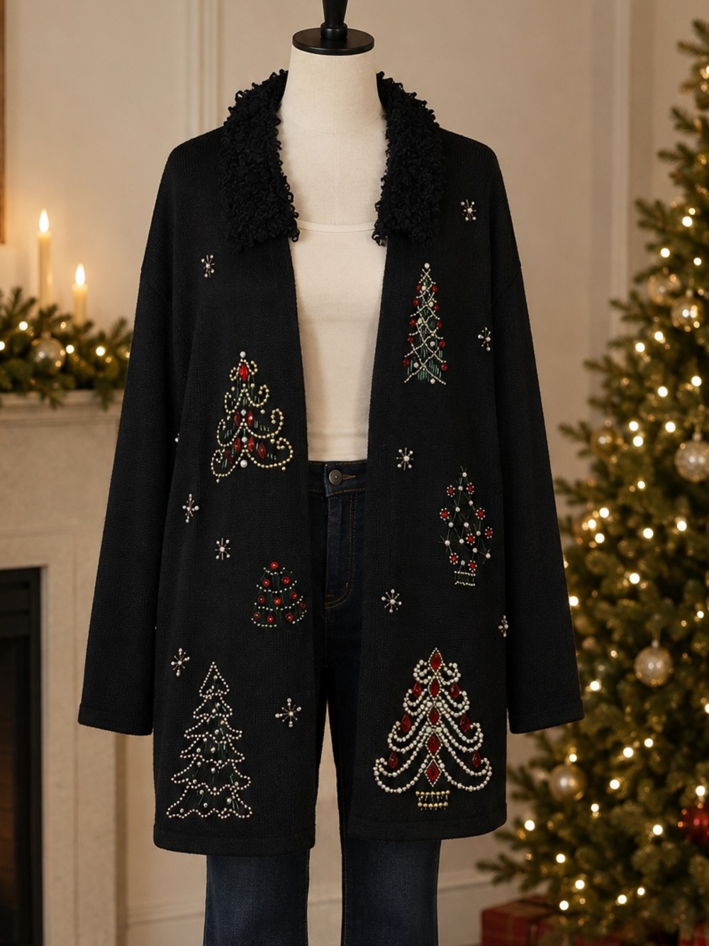 Lemon Grass Beaded Christmas Tree Cardigan Sweater Faux Fur Collar Black Sz 1X